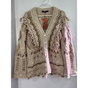 Peruvian Connection Wonderland Cardigan Sand Alpaca Blend Boho Fringe NWT Large